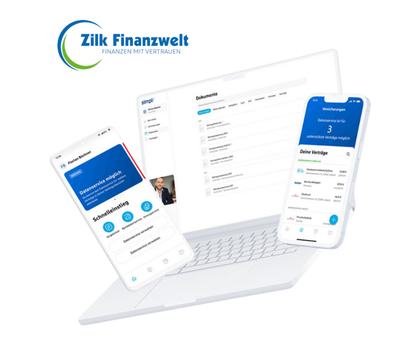 Ihr Kundenportal auf allen Geräten. Digitales Kundenportal Simplr auf einem Laptop und Smartphone.